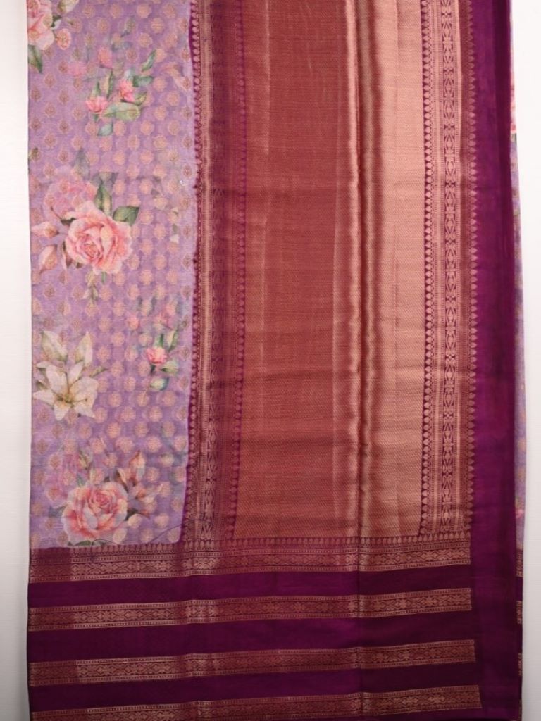 Organza fancy saree light purple color allover digital prints & big zari border with contrast jacquard pallu and blouse