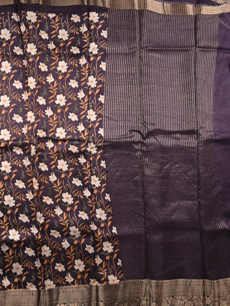 Dola silk fancy saree snuff color allover digital prints & zari border with stripes pallu and printed blouse