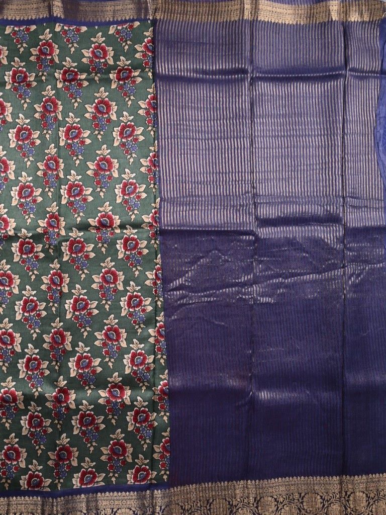 Dola silk fancy saree dark green color allover digital prints & zari border with stripes pallu and printed blouse