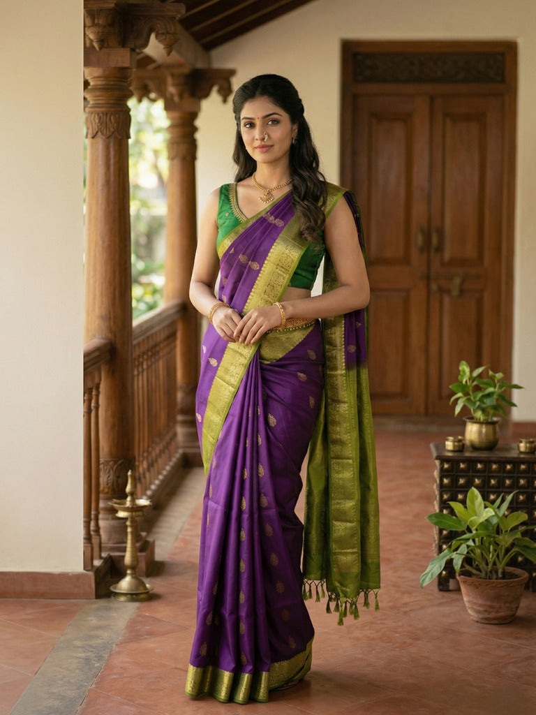 Kanchi pattu saree dark purple color allover zari motifs & zari border with rich pallu and contrast plain blouse