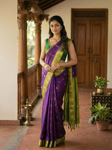 Kanchi pattu saree dark purple color allover zari motifs & zari border with rich pallu and contrast plain blouse
