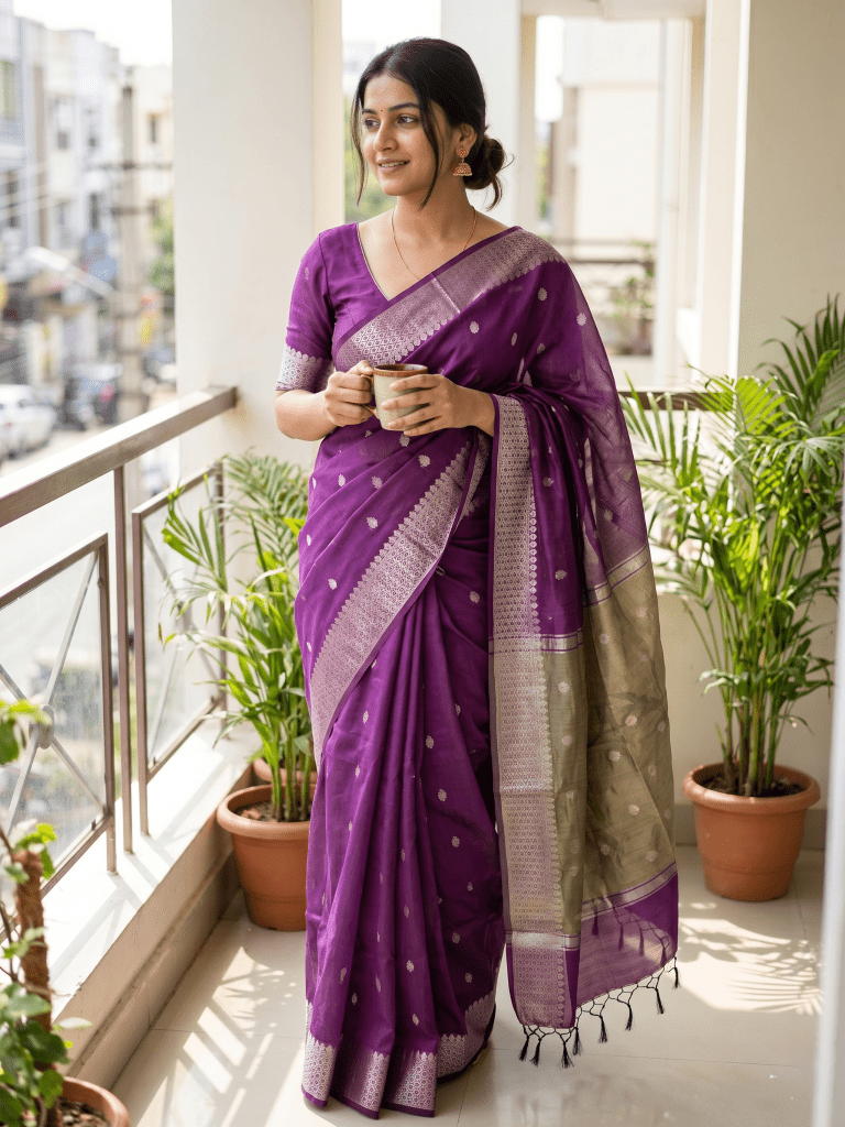 Chanderi fancy saree with allover zari motifs & zari border with zari pallu and attached self blouse