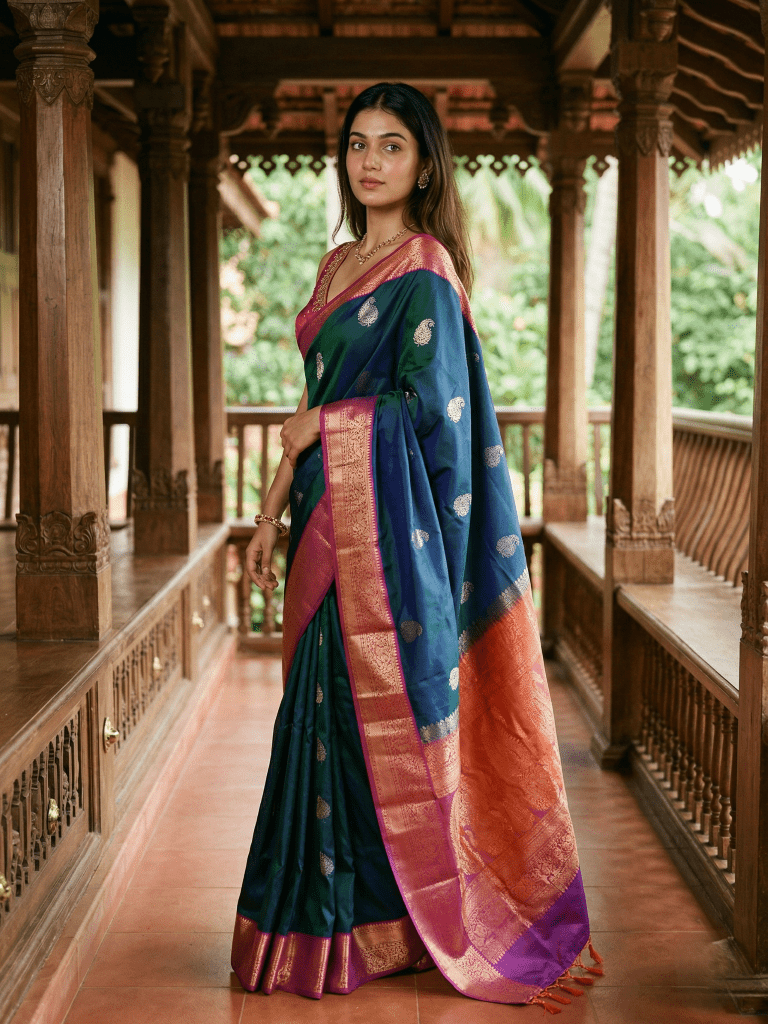 Kanchi pattu saree navy blue color allover zari motifs & zari border with rich pallu and contrast plain blouse