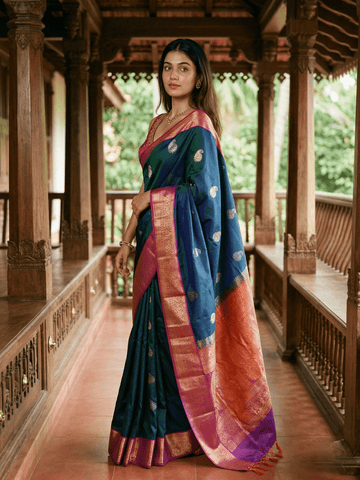 Kanchi pattu saree navy blue color allover zari motifs & zari border with rich pallu and contrast plain blouse