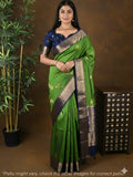 Kanchi pattu saree parrot green color allover zari motifs & zari border with rich pallu and contrast plain blouse