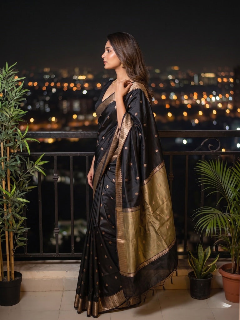 Chanderi fancy saree with allover zari motifs & zari border with zari pallu and attached self blouse