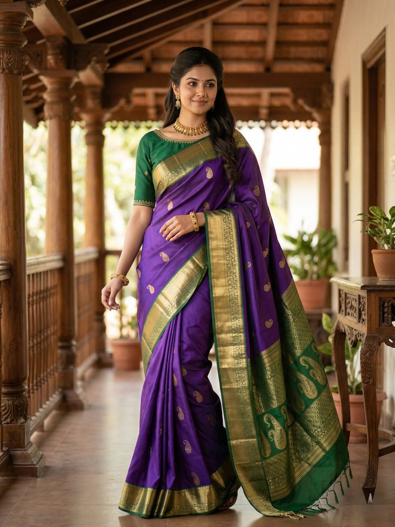 Kanchi pattu saree dark blue color allover zari motifs & zari border with rich pallu and contrast plain blouse
