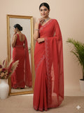 Organza fancy saree red color allover embroidered motifs & cutwork border with running pallu and self blouse