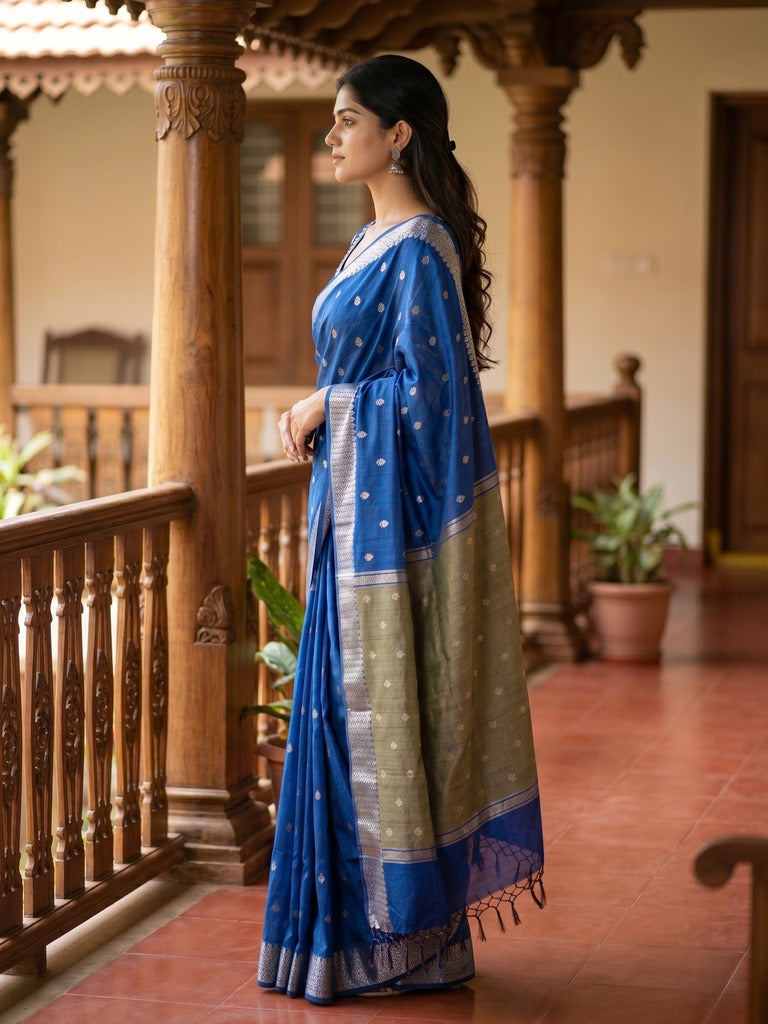 Chanderi fancy saree with allover zari motifs & zari border with zari pallu and attached self blouse