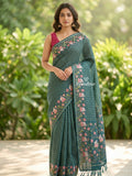 Tussar fancy saree allover checks with embroidery border and attached blouse