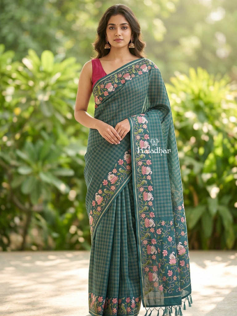 Tussar fancy saree allover checks with embroidery border and attached blouse