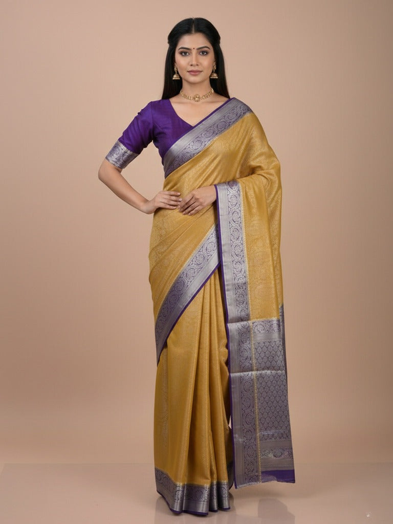 Georgette fancy saree golden yellow color allover weaves & zari border with rich pallu and plain blouse