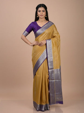 Georgette fancy saree golden yellow color allover weaves & zari border with rich pallu and plain blouse