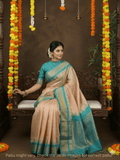Gadwal pattu saree cream color allover zari weaves & kanchi border with rich pallu and contrast plain blouse