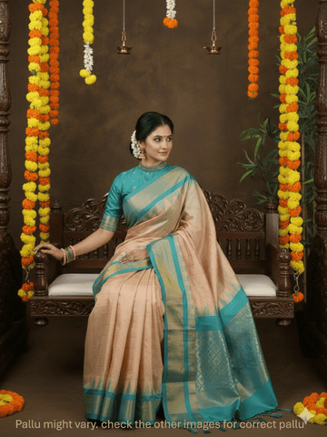 Gadwal pattu saree cream color allover zari weaves & kanchi border with rich pallu and contrast plain blouse