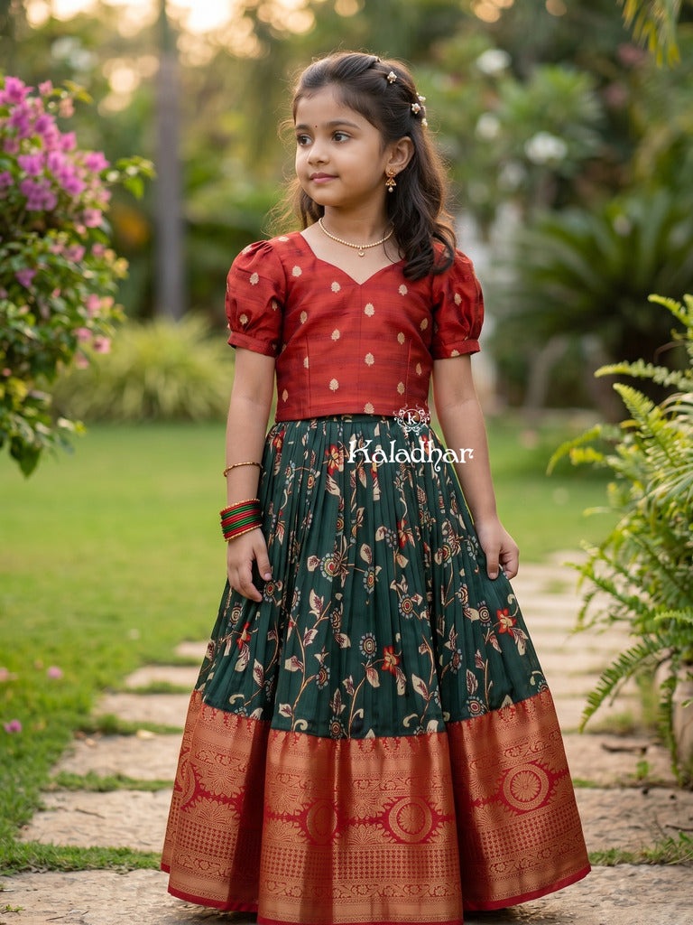 Handcrafted pen kalamkari raw silk kids lehenga 6-7 years
