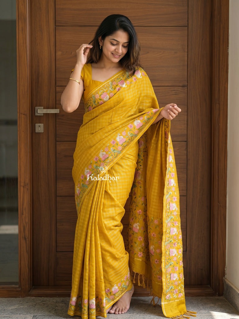 Tussar fancy saree allover checks with embroidery border and attached blouse