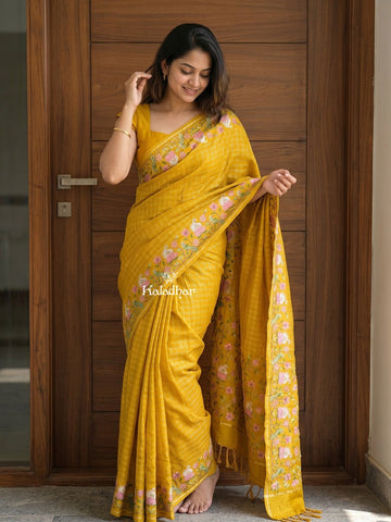 Tussar fancy saree allover checks with embroidery border and attached blouse