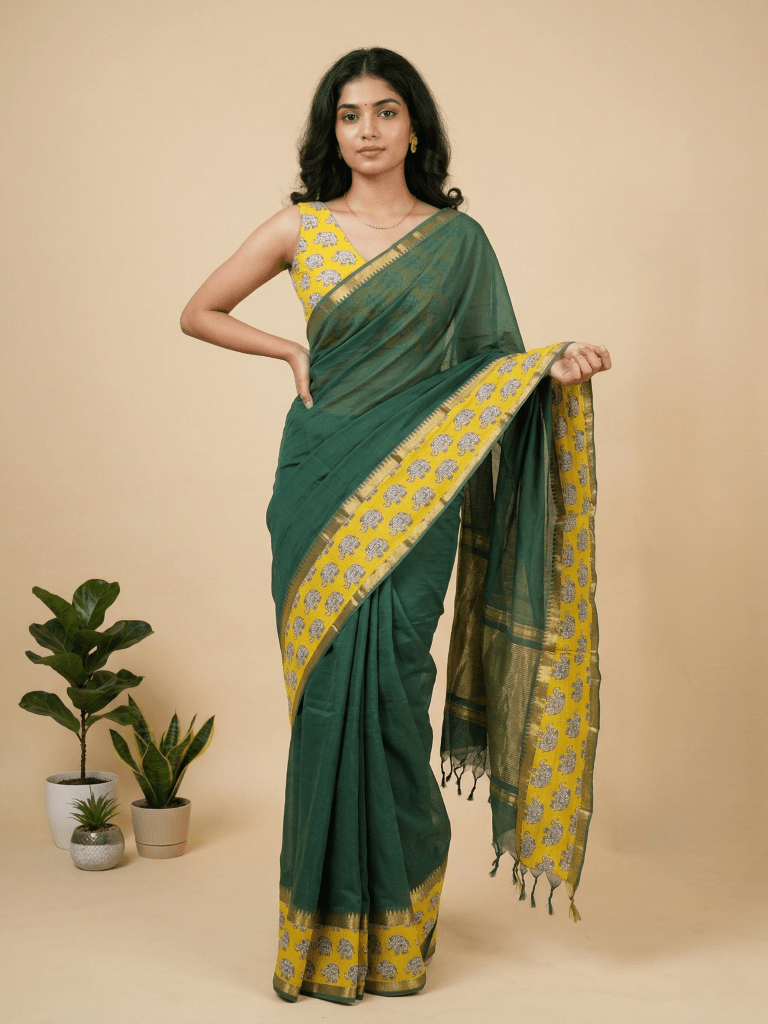 Kalamkari cotton saree with kalamkari border and kalamkari blouse