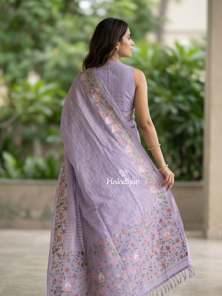 Tussar fancy saree allover checks with embroidery border and attached blouse