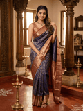 Kanchi pattu saree navy blue color allover zari weaves & zari border with rich pallu and contrast plain blouse