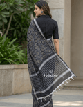 Mangalagiri fancy printed saree in grey color with zari border and plain contrast blouse