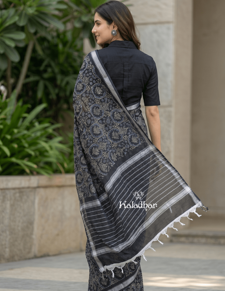 Mangalagiri fancy printed saree in grey color with zari border and plain contrast blouse