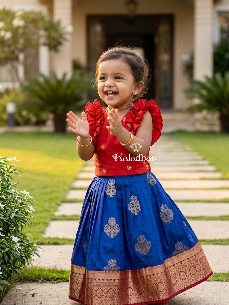 Traditional kanchi pattu silk lehenga set for kids 1-2 years