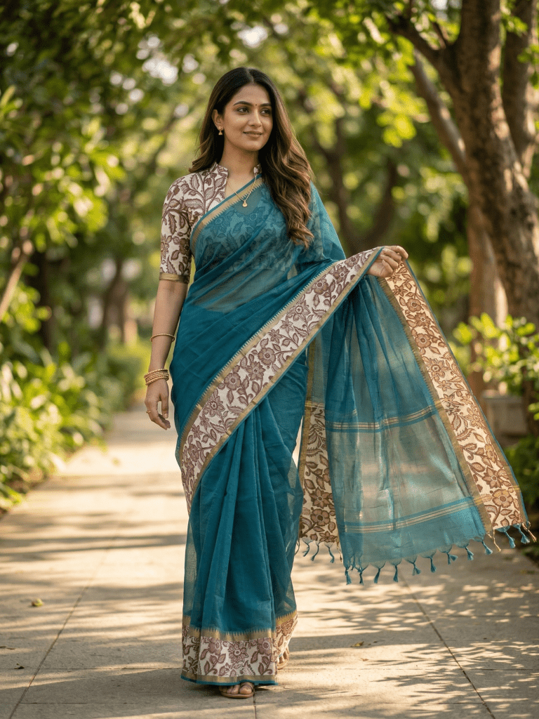 Kalamkari cotton saree with kalamkari border and kalamkari blouse