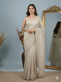Tissue crush fancy saree light grey color allover motifs & embroidery border with running pallu and printed blouse