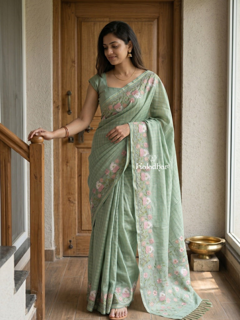 Tussar fancy saree allover checks with embroidery border and attached blouse