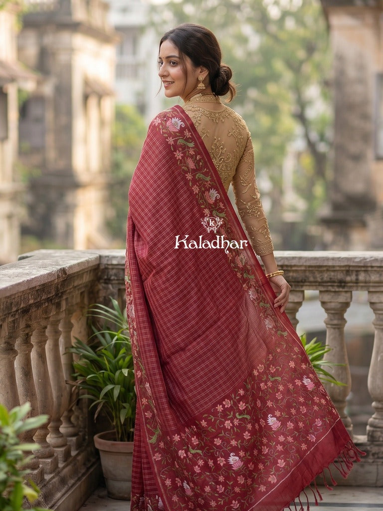 Tussar fancy saree allover checks with embroidery border and attached blouse