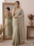 Tissue crush fancy saree cream color allover plain & embroidery border with running pallu and printed blouse