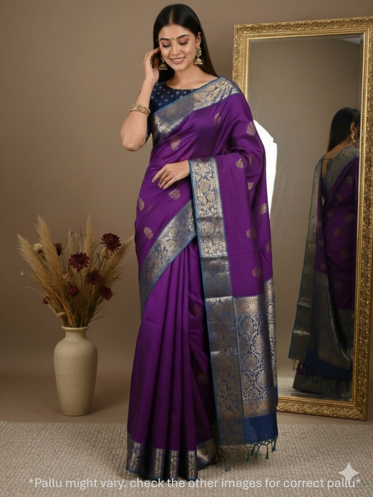 Kanchi pattu saree dark purple color allover zari motifs & zari border with rich pallu and contrast plain blouse