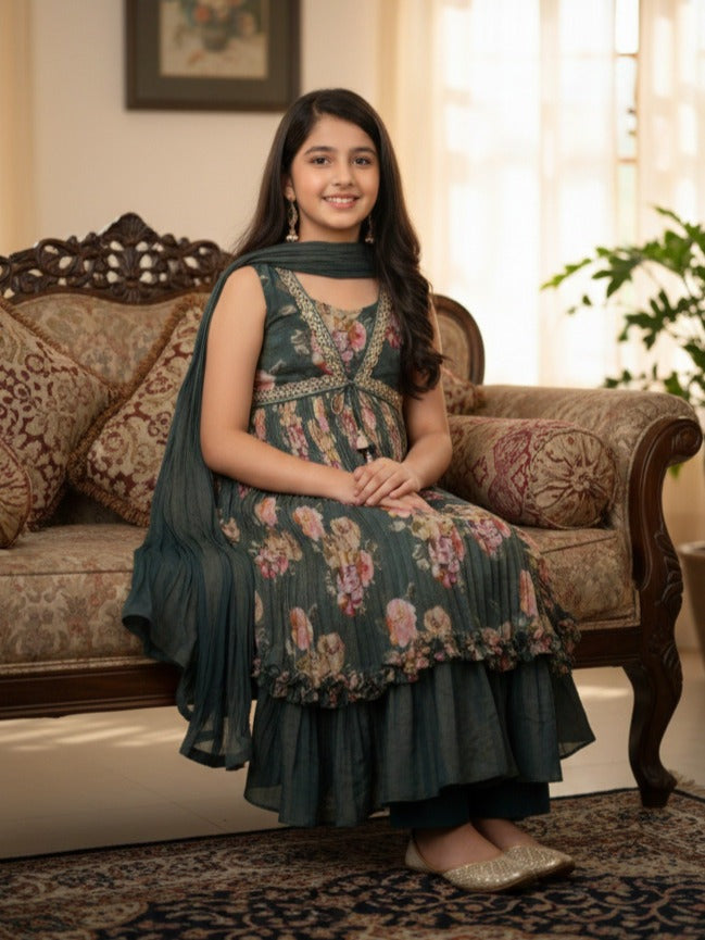 Dola tissue dark green floral sharara dress for kids | Pretty party & festive outfit