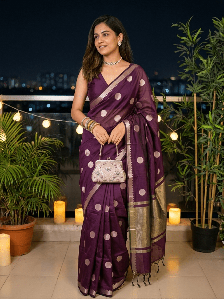 Maheshwari fancy saree in wine color allover zari motifs & zari border with zari and plain blouse