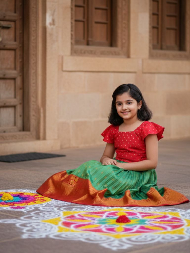 Green color Kanchi pattu traditional kids lehenga set | Made for little twirls