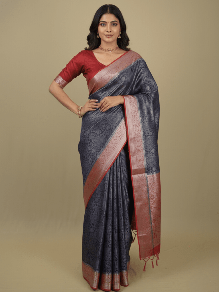 Georgette fancy saree navy blue color allover weaves & zari border with rich pallu and plain blouse