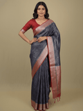 Georgette fancy saree navy blue color allover weaves & zari border with rich pallu and plain blouse