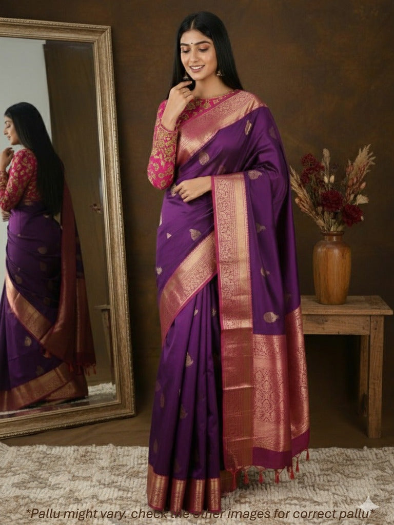 Kanchi pattu saree violet color allover zari motifs & zari border with rich pallu and contrast plain blouse