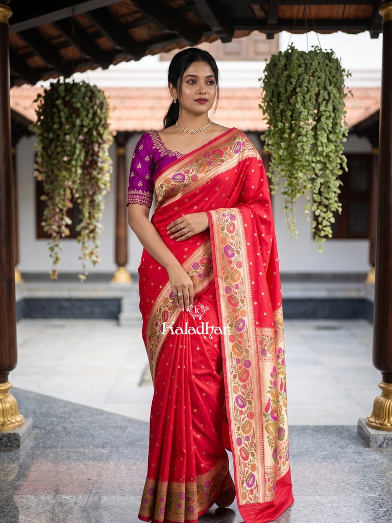 Banaras Silk Saree for Women | dark pink | Party Wear | Paithani Border
