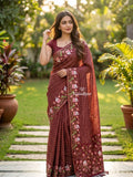Tussar fancy saree allover checks with embroidery border and attached blouse
