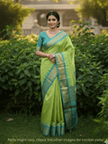 Gadwal pattu saree parrot green color allover zari weaves & kanchi border with rich pallu and contrast plain blouse