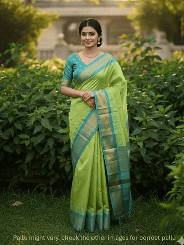 Gadwal pattu saree parrot green color allover zari weaves & kanchi border with rich pallu and contrast plain blouse