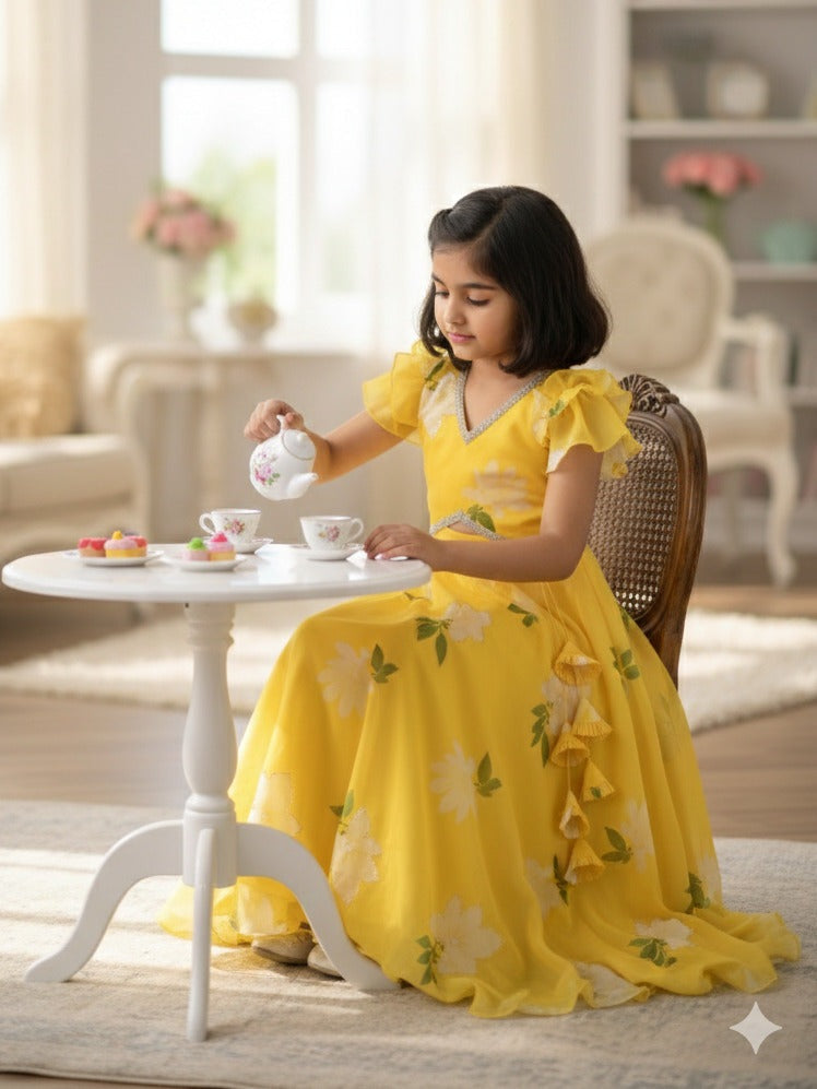 Organza yellow color floral printed lehenga