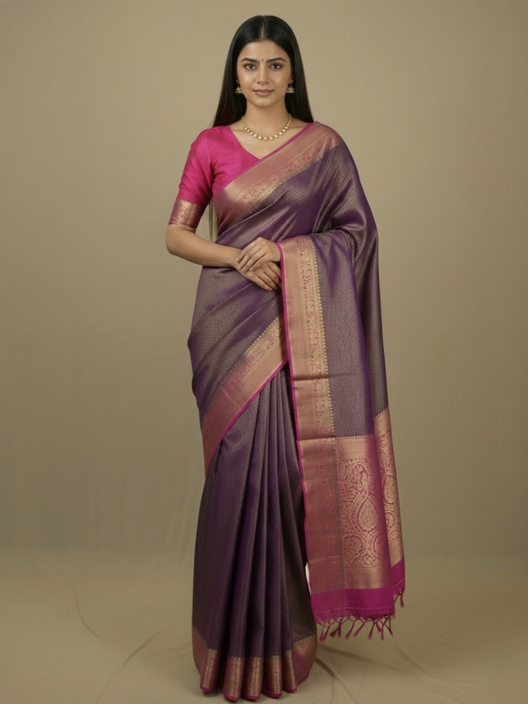 Georgette fancy saree violet color allover weaves & zari border with rich pallu and plain blouse