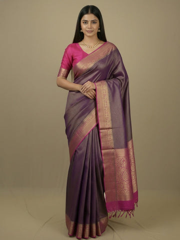 Georgette fancy saree violet color allover weaves & zari border with rich pallu and plain blouse