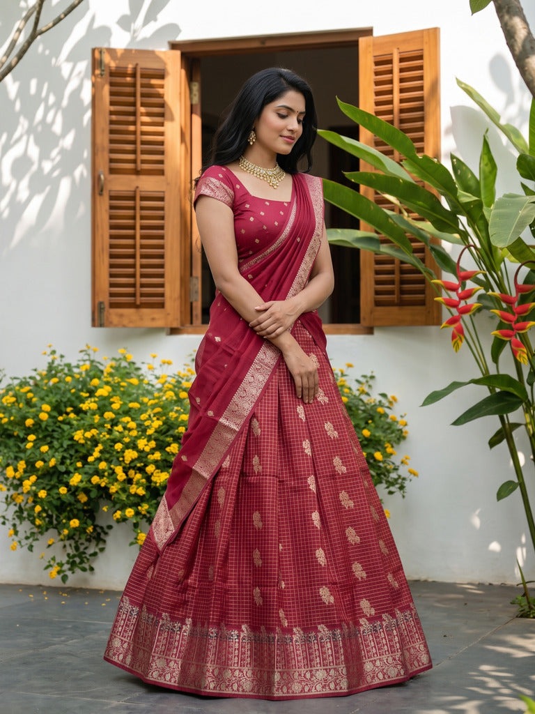 Chiniya silk lehenga set with blouse & dupatta | red | unstitched | party wear