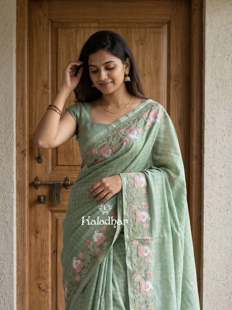 Tussar fancy saree allover checks with embroidery border and attached blouse