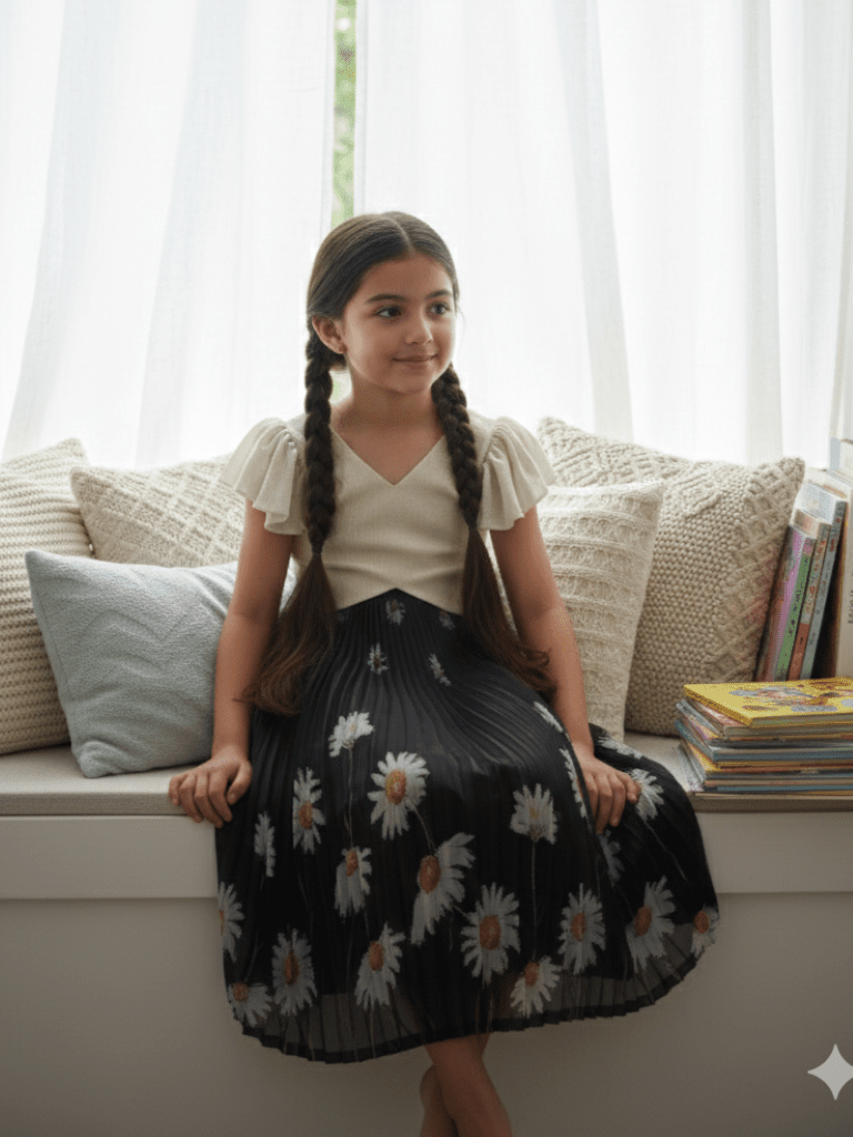 Organza floral crop top with black skirt